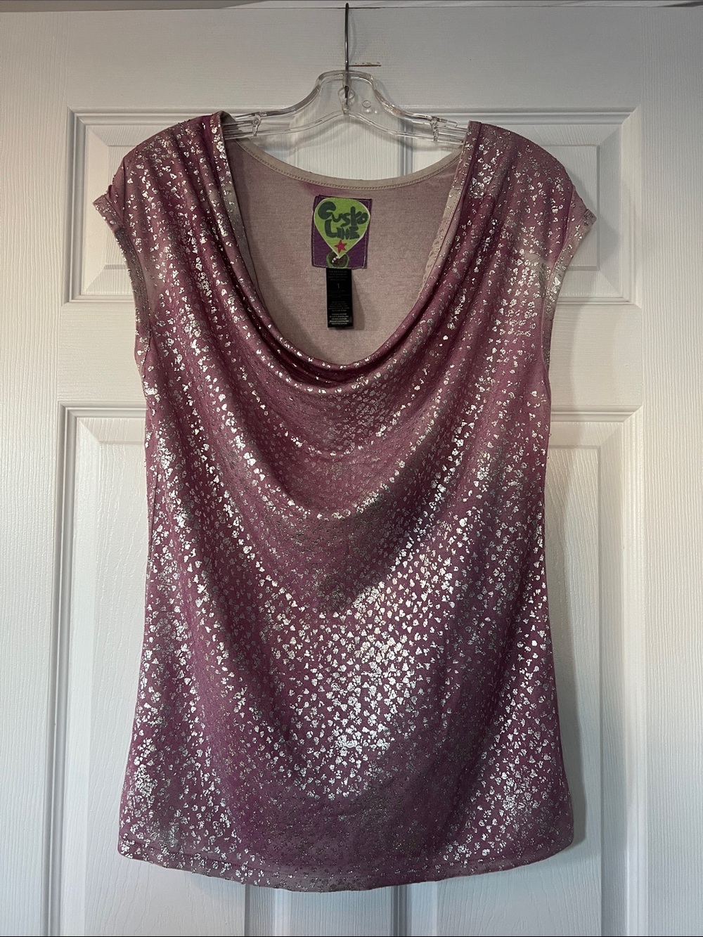 Cap-Sleeve Cowl Neck Blouse in Dusty Rose with Metallic Heart Print